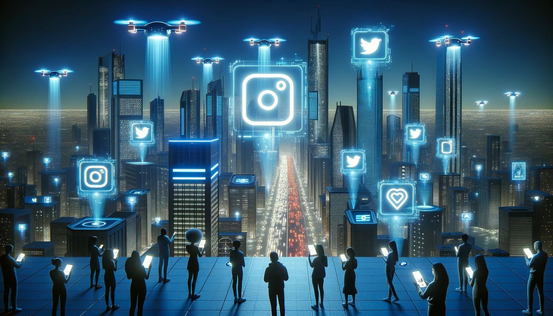 Photo of a sleek, blue-toned futuristic cityscape at night with neon billboards promoting Instagram.