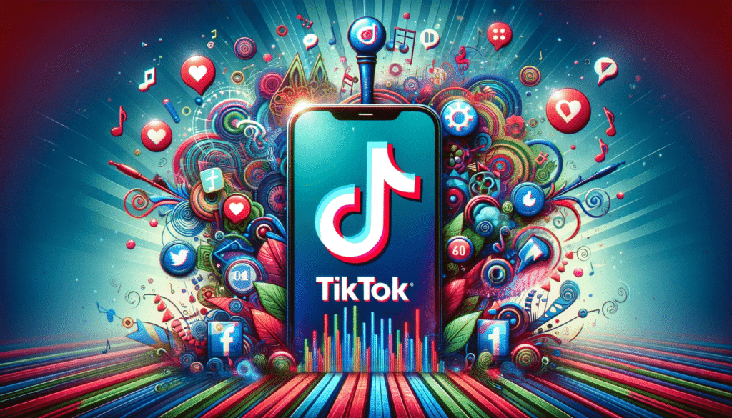 Telefoon met TikTok-logo omringd door likes en reacties, symbool voor viral gaan op TikTok