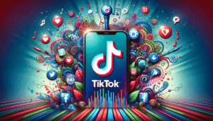 Telefoon met TikTok-logo omringd door likes en reacties, symbool voor viral gaan op TikTok